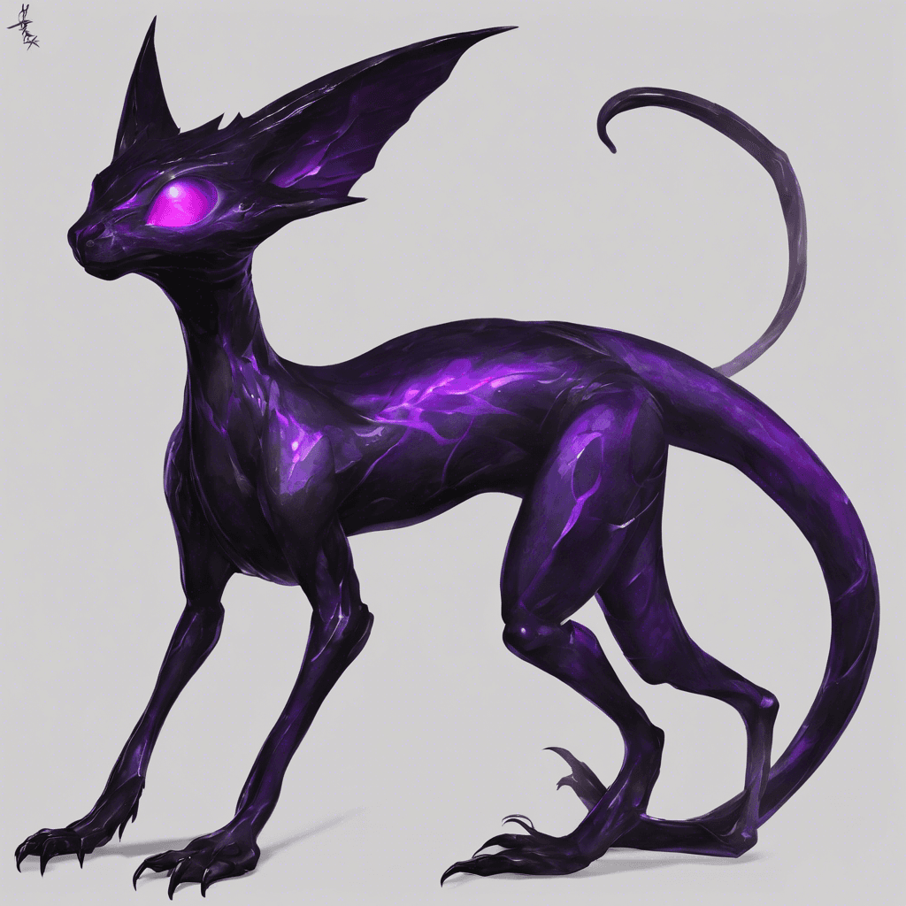 A sleek, dark figure with shimmering, translucent skin and glowing purple eyes. Slender limbs tipped with razor-sharp digits, it moves with stealthy grace, its form blending into the shadows.