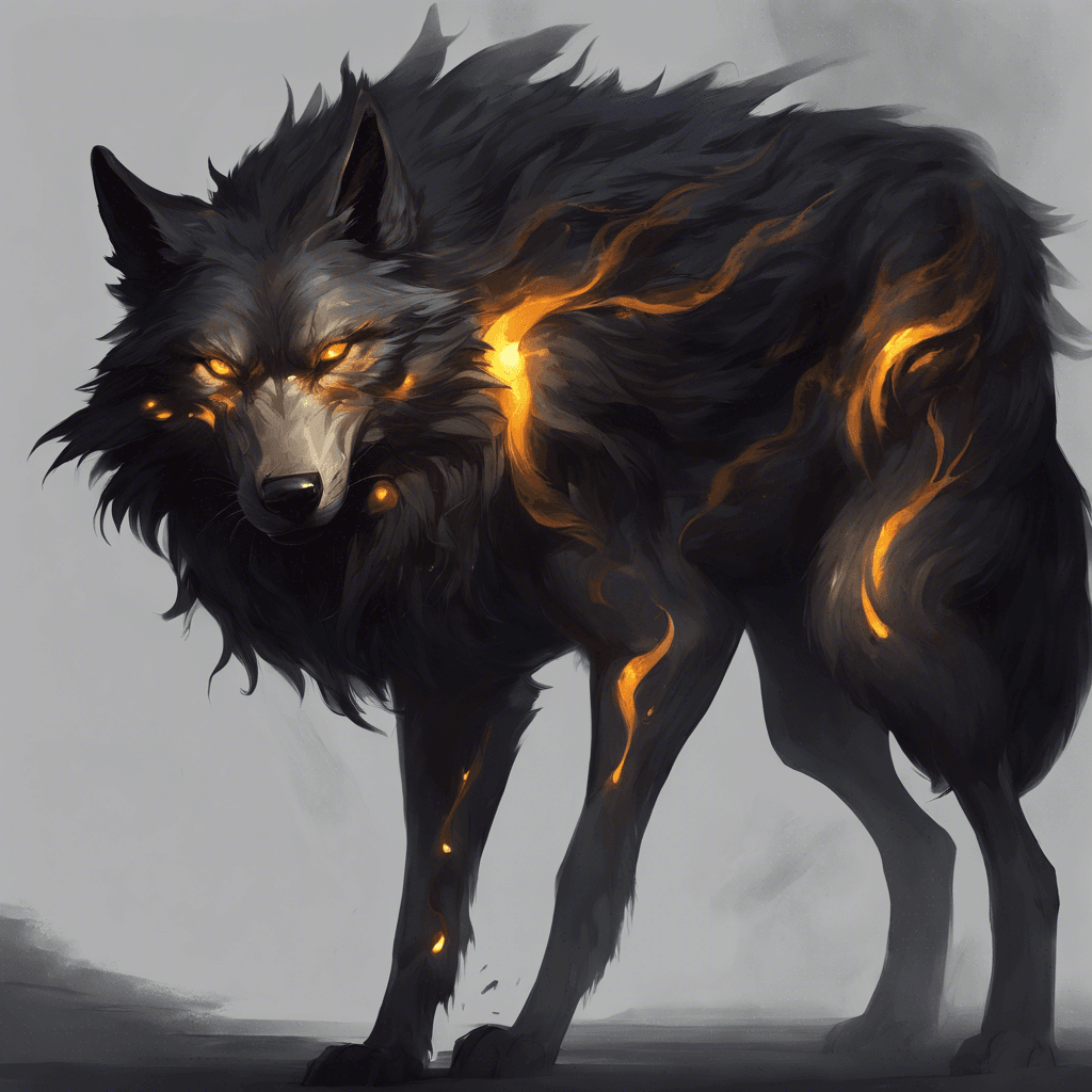 A large, dark-furred wolf with glowing amber eyes and shadows swirling around its form, giving it an ethereal and menacing presence.