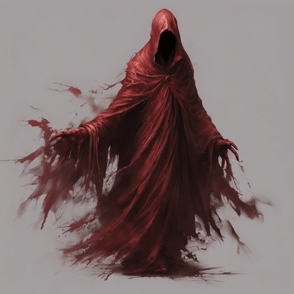 A ghostly figure, draped in tattered crimson robes that seem to bleed into the air around it. Its gaunt, featureless face is overshadowed by a hood, and its hands are long and wispy, ending in claw-like fingers.