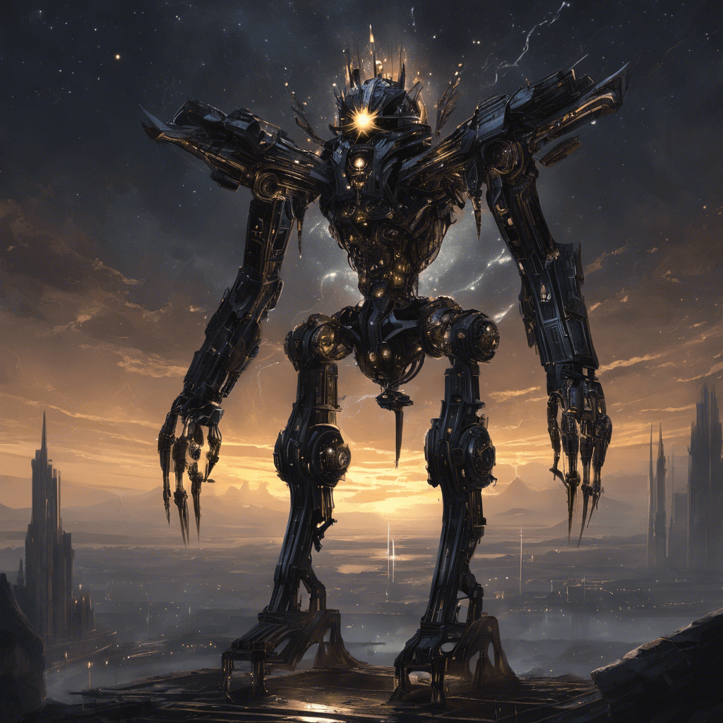 A towering mechanical entity emerges, its form a complex lattice of shimmering metals and pulsating energy cores. It moves with a graceful yet menacing precision, a dark silhouette against the star-strewn sky. The Quantum Harbinger, a construct from a forgotten time, designed to prevent the ascendancy of would-be gods.