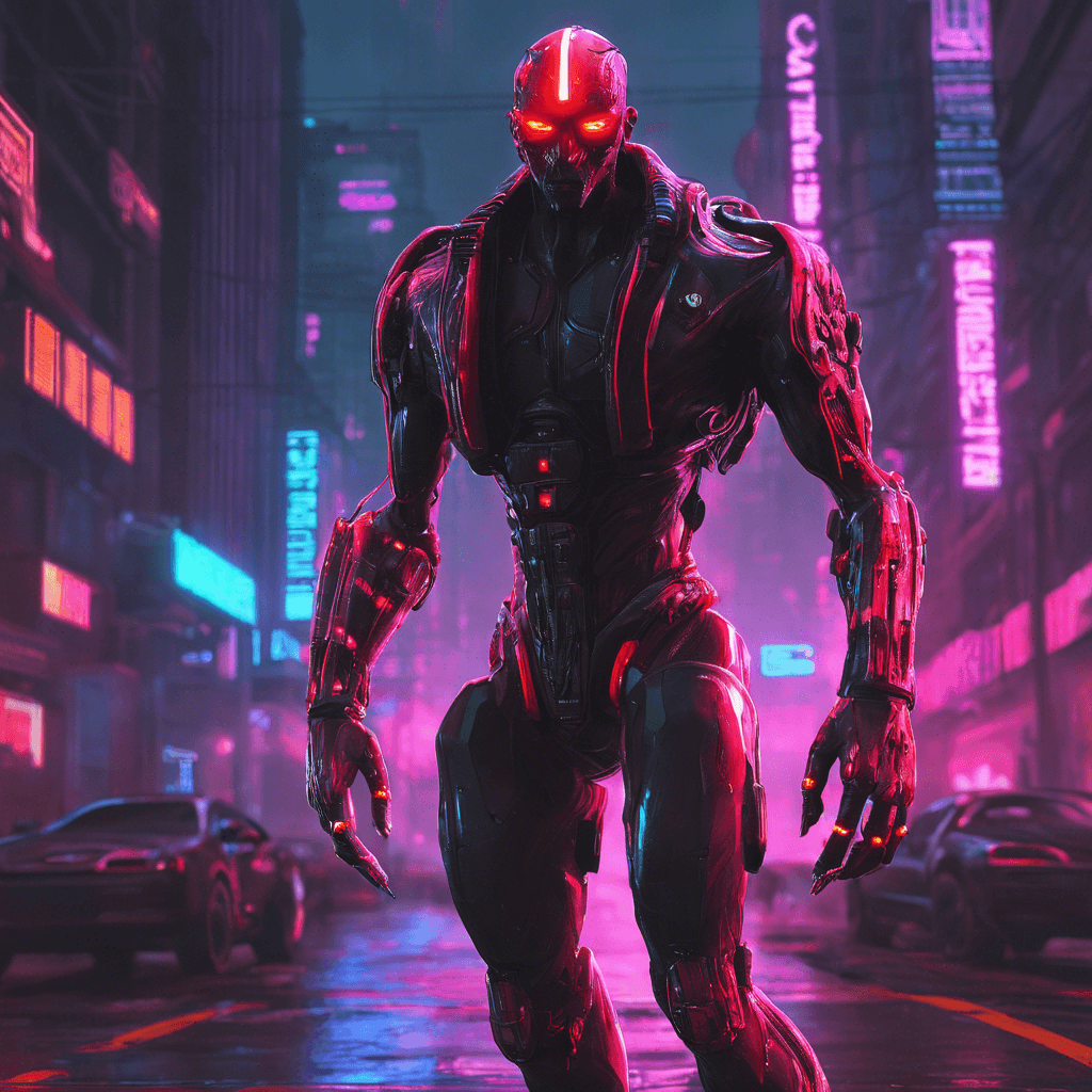 The Cyber Stalker is a sleek, augmented humanoid with glowing red cybernetic eyes and razor-sharp implants protruding from its arms. It moves with inhuman speed and agility, blending into the neon-lit shadows of the city streets.