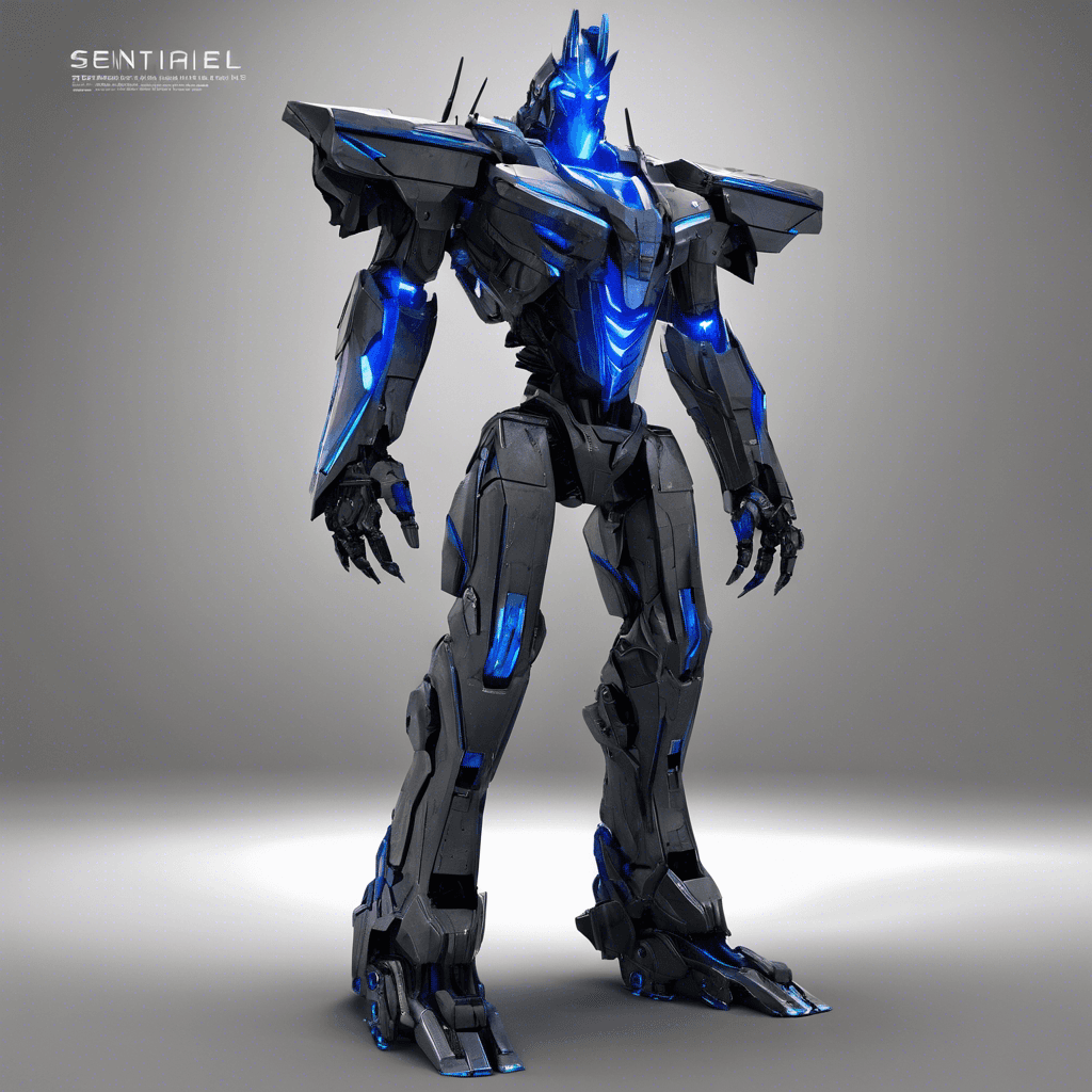 The Sentinel Prime is a bipedal mech, standing at least twenty feet tall, with a sleek design. Its body is composed of dark grey metal with glowing blue energy lines running along its structure. It features a head with a single glowing visor, giving it a menacing cyclopean look, and it radiates an aura of imminent threat.