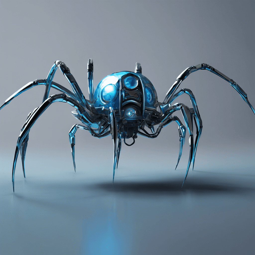 A sleek, metallic creature resembling a cross between a spider and a drone, with multiple twitching appendages, each tipped with various sensors and weapons. It glistens with a cold, blue light, its body parts moving with unnerving precision.