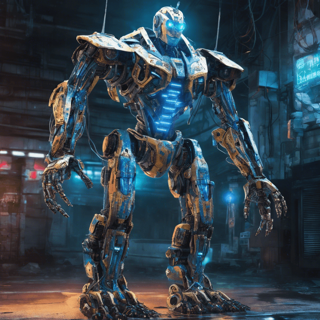 A towering humanoid robot, its chassis is a patchwork of scuffed metal plates, pulsing with neon blue lights. Cables and wires spill like viscera from the gaps in its armor, and its arms are grafted with various cybernetic weapons.