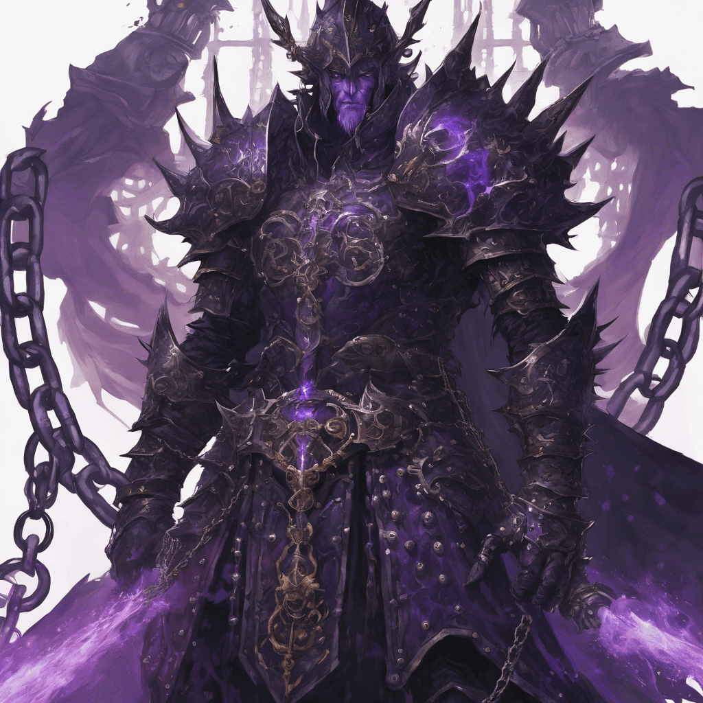 A towering figure clad in dark armor, adorned with chains and lock motifs. His eyes burn with a violet flame, and in his hands, he wields a massive flail, the spikes of which seem to thirst for the light.