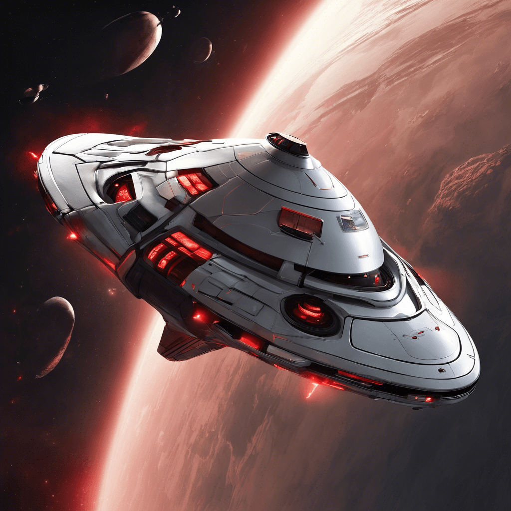 A sleek, silver, and elliptical spacecraft, with darkened windows and pulsating red lights, indicating that it is battle-ready.