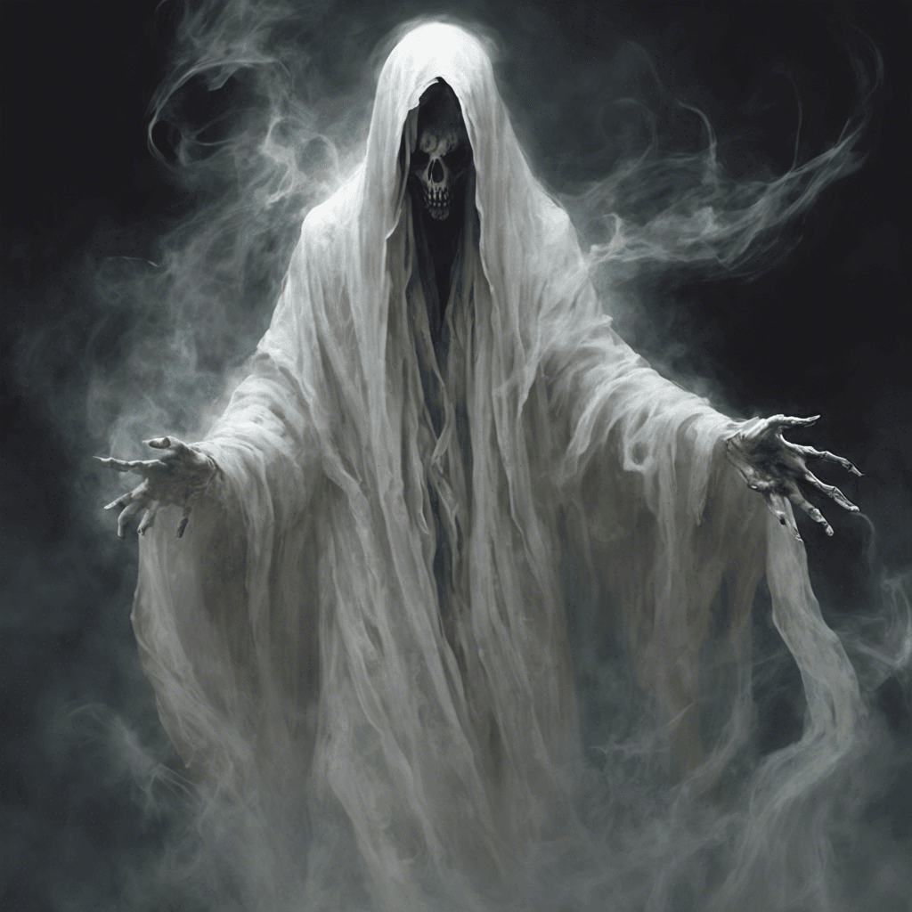 A spectral figure shrouded in tattered robes of ghostly white, its eyes dark voids, and its form seems to flicker and wisp like smoke in a chilling breeze.