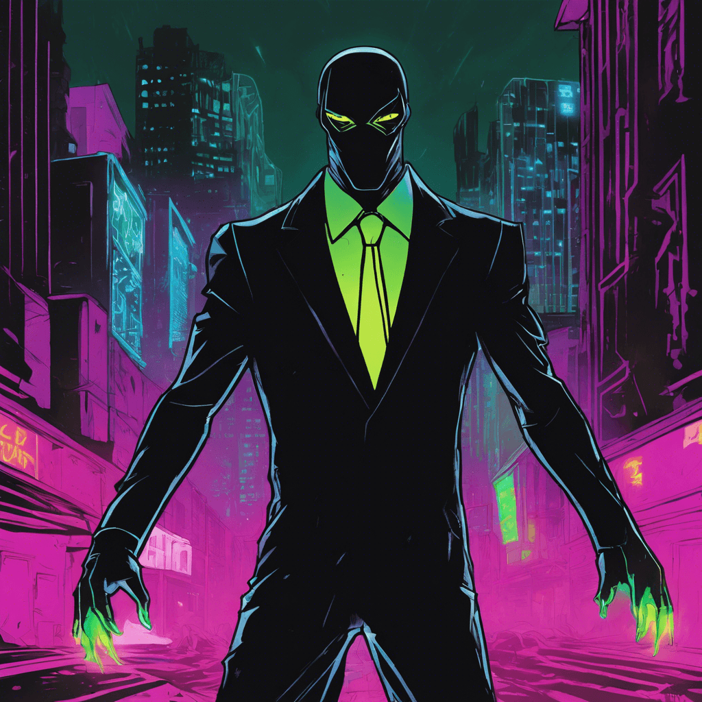 The Neon Nihilist is a shadowy figure clad in a sleek black suit adorned with glowing neon accents. Their eyes emit a cold, calculating light as they move with eerie grace through the city streets. With a power to absorb and manipulate neon energy, they are a formidable foe fueled by a sense of purposelessness and destruction.