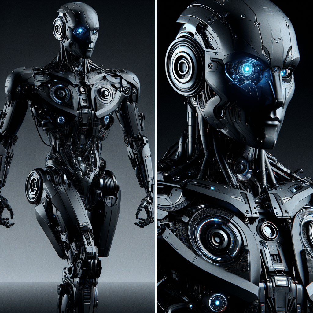 A sleek, humanoid robot with a matte black exoskeleton, eyes glowing with piercing blue light, and limbs equipped with various high-tech gadgets and weaponry.