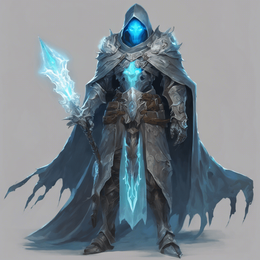 A towering, armored specter shrouded in an ethereal cloak, with eyes glowing an icy blue beneath its helm. Its gauntlets clutch a ghostly greatsword that hums with spectral energy.