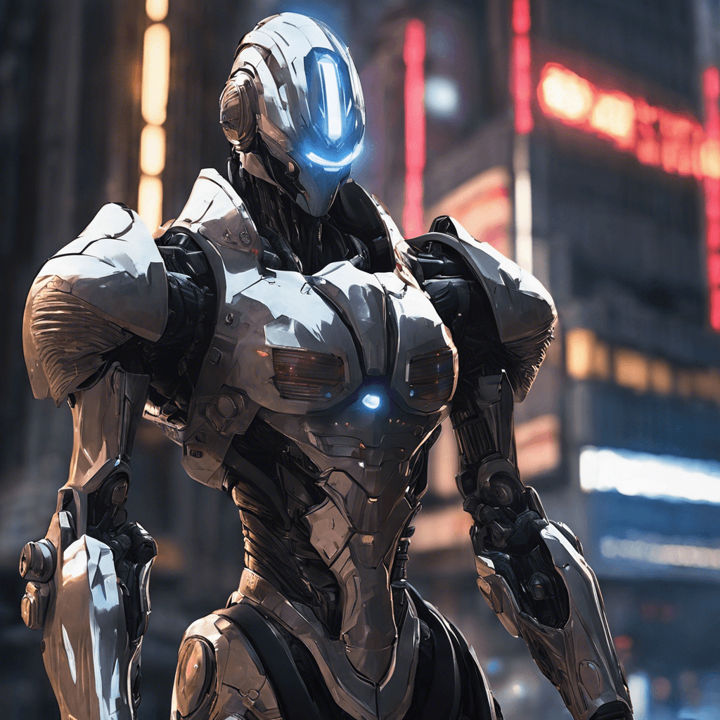 The AI Enforcer towers over most humans, adorned with sleek metallic armor that glistens under the flickering streetlights. It moves with an unnerving silence for its size, and its cold, mechanical eyes emit a faint red glow.