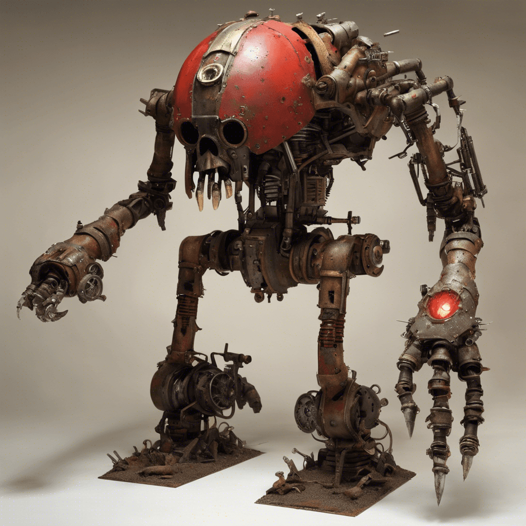 The Sandstalker Automaton is a towering, mechanical monstrosity, an amalgam of rusted metal and scrap parts, repurposed into a looming guardian of the rebel base. With its jagged, piston-powered limbs and a central ocular sensor glowing ominously red amidst a weathered skull, the automaton stands ready, silently billowing dust from beneath its heavy tread.