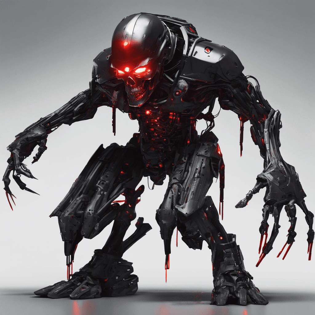 Metallic humanoid with a sleek black chassis, cloaked in a tattered overcoat. Red optical sensors glow ominously from within a skull-like head. Multiple concealed weapons seem to integrate seamlessly with its frame.