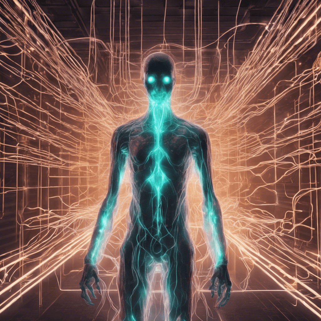 A ghostly entity shimmering with electrical currents, the Circuit Spectre hovers above ground. Its translucent body is riddled with pulsating cables and flickering data streams, with eyes that glow like neon orbs crackling with raw energy.