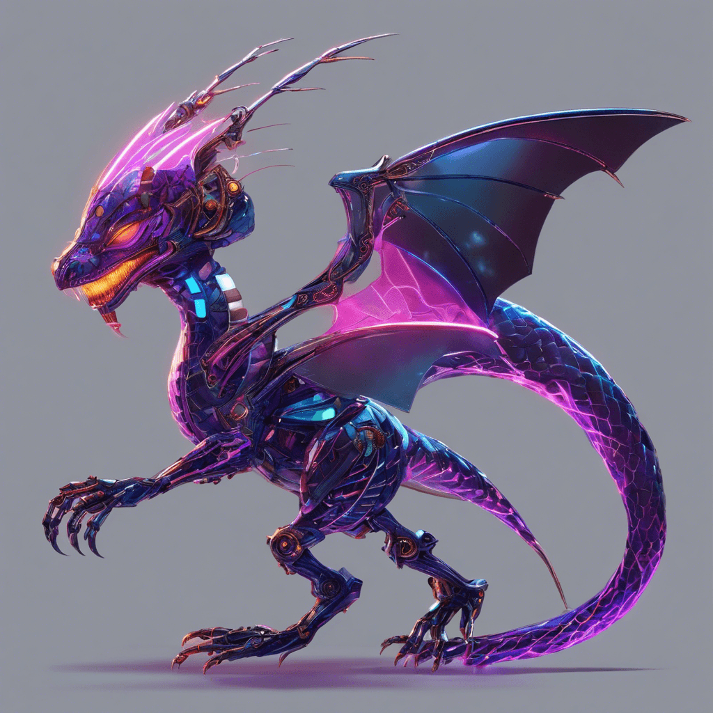 A sleek draconic automaton with mirror-like scales, pulsing neon circuitry, and holographic eyes. It moves with a serpentine grace, antenna whiskers emitting a menacing static hum.