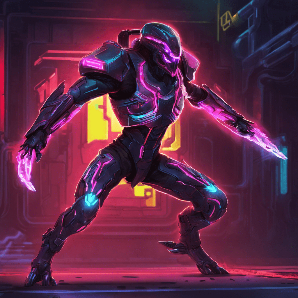 The Neon Reaver is a cybernetic enemy covered in glowing neon circuit patterns, with sharp metallic claws and a visor that emits a sinister red glow. Its movements are swift and precise, reflecting its ruthless efficiency in combat.