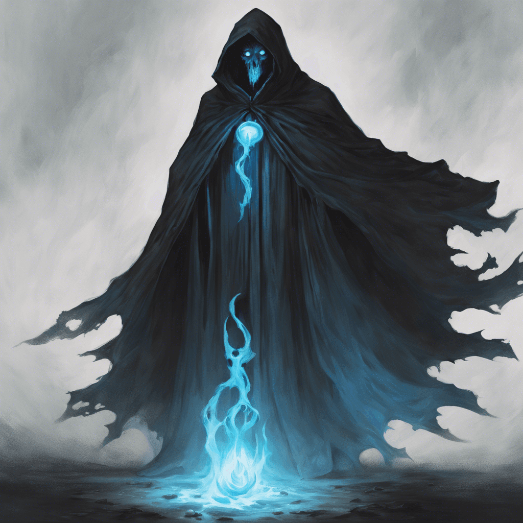 A figure with a frayed cloak of darkness, drifting slightly above the ground, with two chilling, empty eye sockets that burn with an ethereal blue flame.