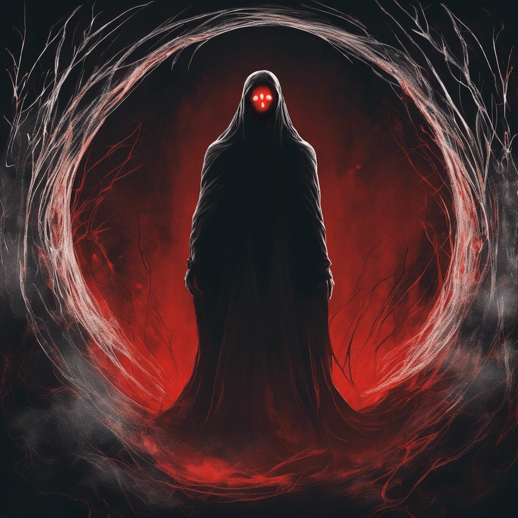 The Specter of the Shadows is a ghostly figure with glowing red eyes that seem to pierce through the darkness. Its transparent form flickers and shifts, making it difficult to focus on. Wisps of darkness trail behind it, whispering chilling promises of doom.