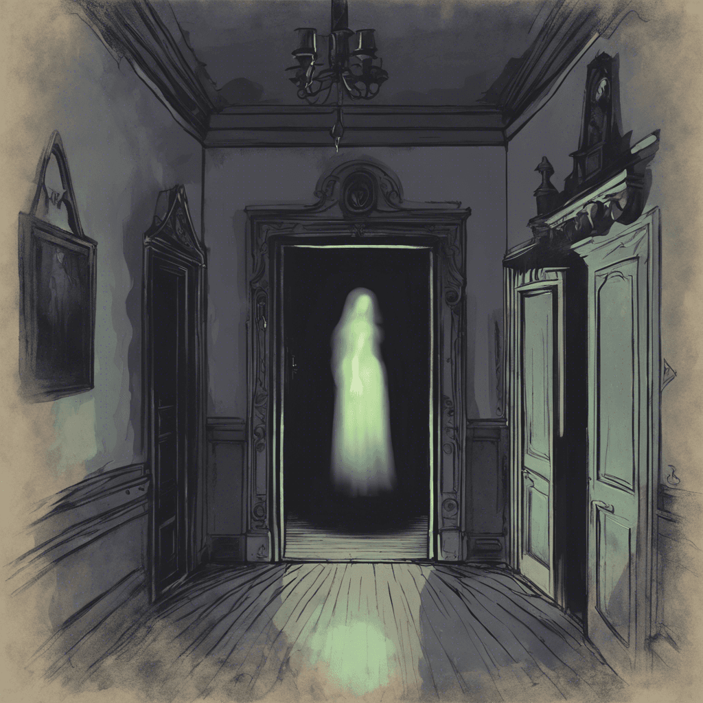 The Specter of the Manor is a ghostly figure that appears as a flickering shadow, drifting silently through the halls of the haunted mansion. Its eyes glow with an otherworldly light, and its presence chills the air around it. The faint whispers of lost souls can be heard echoing from its form.