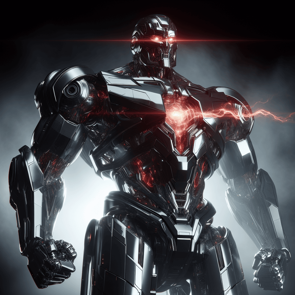 A towering automaton with sleek reflective armor, emanating a low, menacing hum. Its optical sensors pulse red as it readies its arm-mounted energy blades that crackle with lethal electricity and prepares to deploy its built-in cloaking device, making its movements nearly invisible to the naked eye.