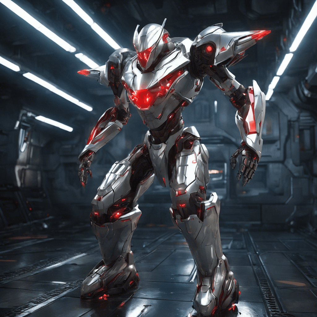 The Aegis Interceptor is a sleek, humanoid robot adorned in shining silver armor, equipped with advanced energy shields that shimmer with defensive capabilities. Its glowing red ocular sensors lock onto targets with deadly precision, ready to engage in combat.