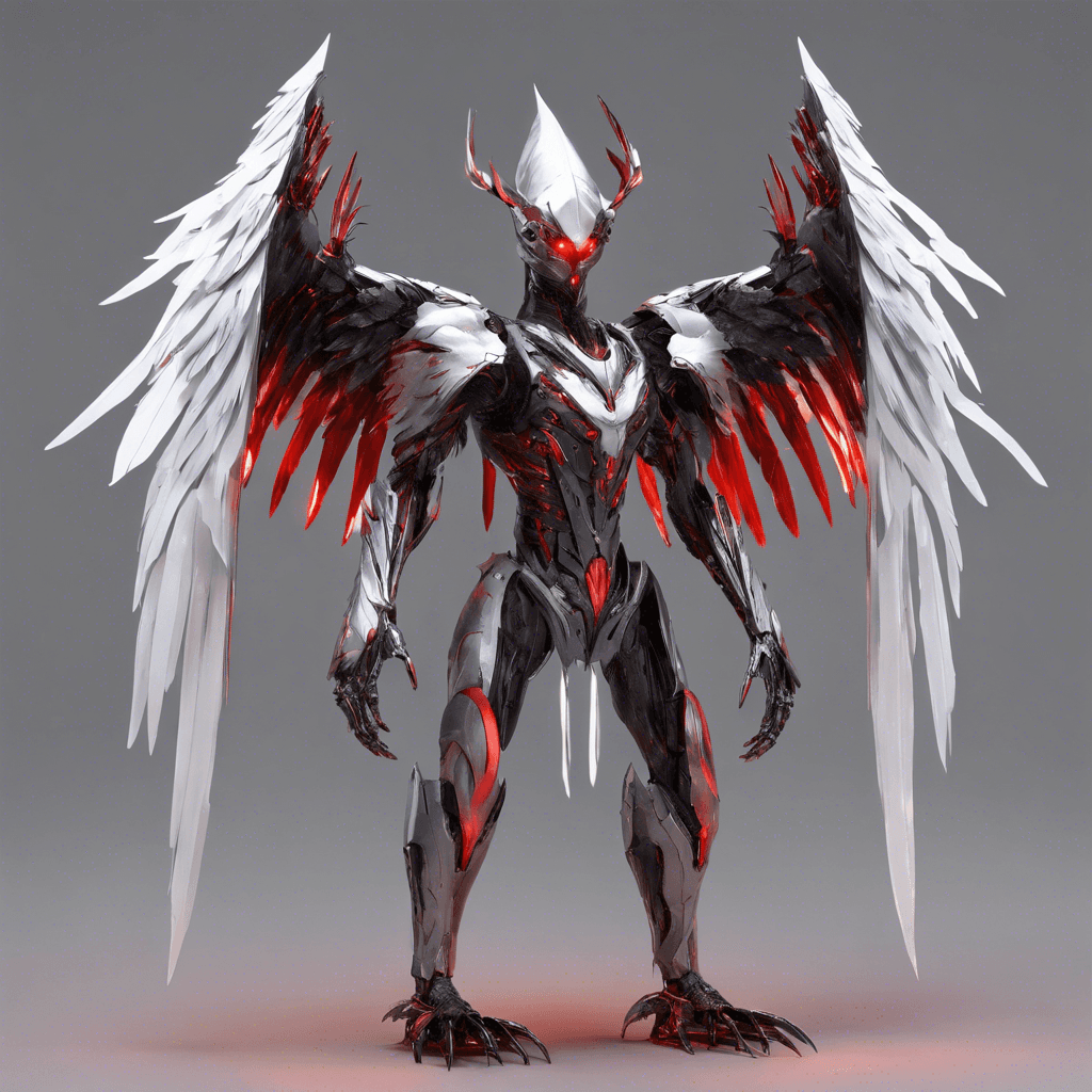 A sleek humanoid shape with wings made of sharp, metallic feathers, glowing red eyes, and limbs that look like they are forged from blades.