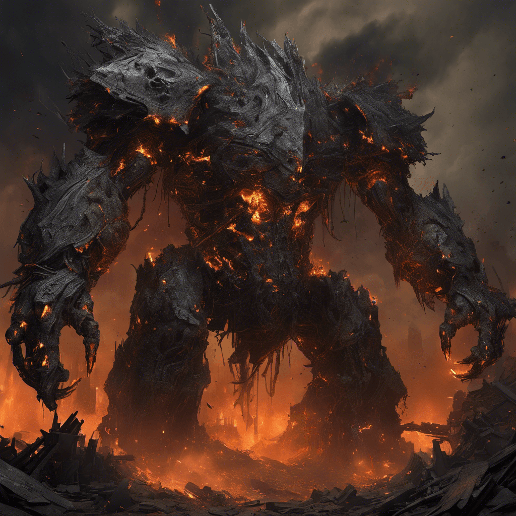 A towering figure, the Ashen Destructor's frame is encrusted with smoldering embers and shards of volcanic glass. Its eyes glow with the incandescence of molten code, while its limbs are thick, woven cables of scorched metal and heavy-duty hydraulics, clashing together in a cacophony of industrial terror. A storm cloud of burning particles swirls around it, crackling with static.