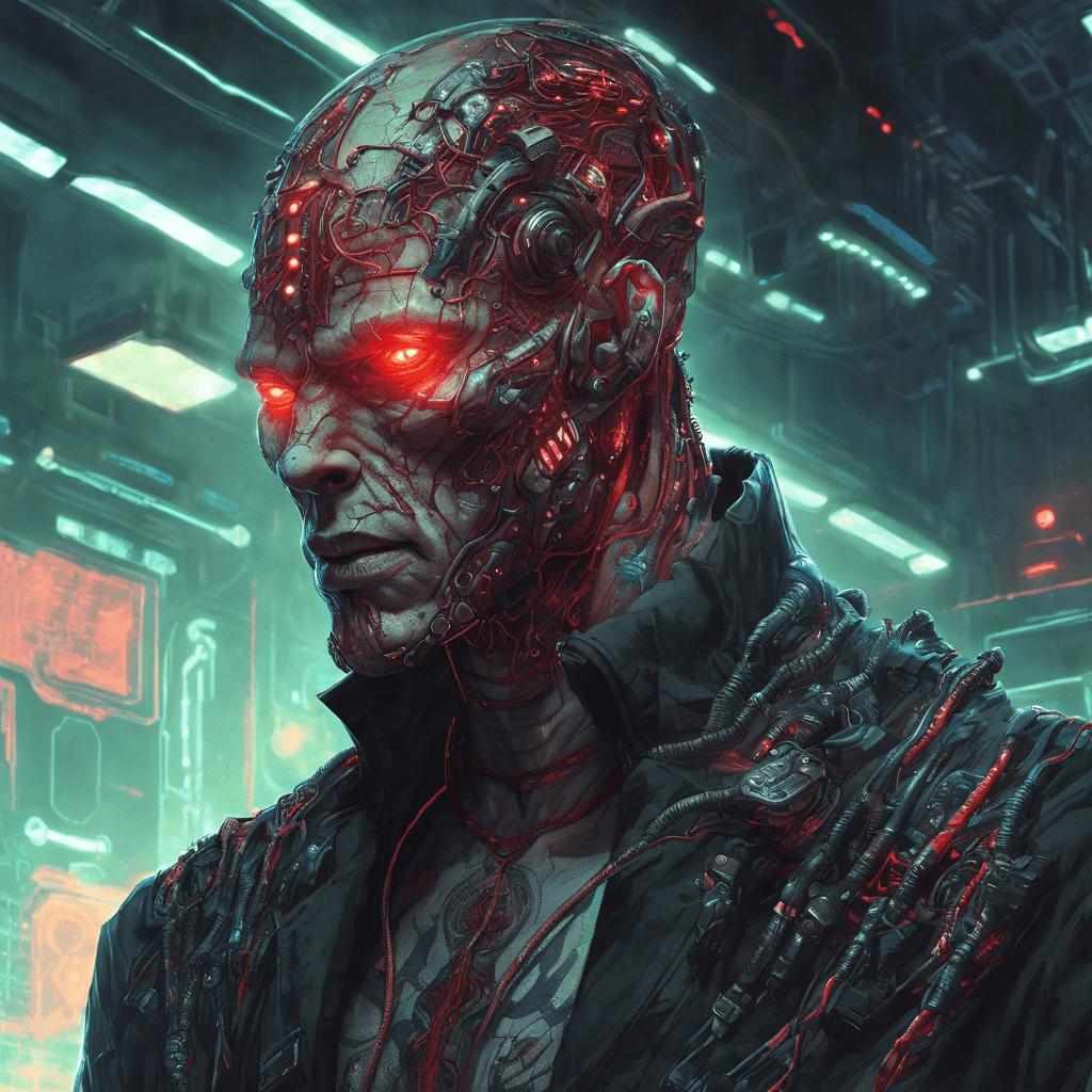 A towering brute of a man with cybernetic arms and piercing red ocular implants. His skin is a pale synthetic mesh, laced with glowing circuitry. He wears a heavy armored coat adorned with the insignias of the notorious hacker gang, the Neon Serpents.