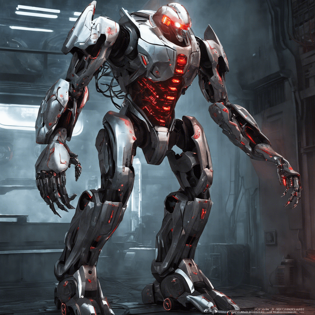 The Cyber Sentinel is a heavily armored humanoid robot standing at 8 feet tall, with glowing red eyes and sleek silver plating. Its limbs are equipped with advanced cybernetic enhancements, allowing it to move with terrifying speed and precision. Its body is adorned with defensive shields and various weapon attachments, ready to take down any intruders in its path.