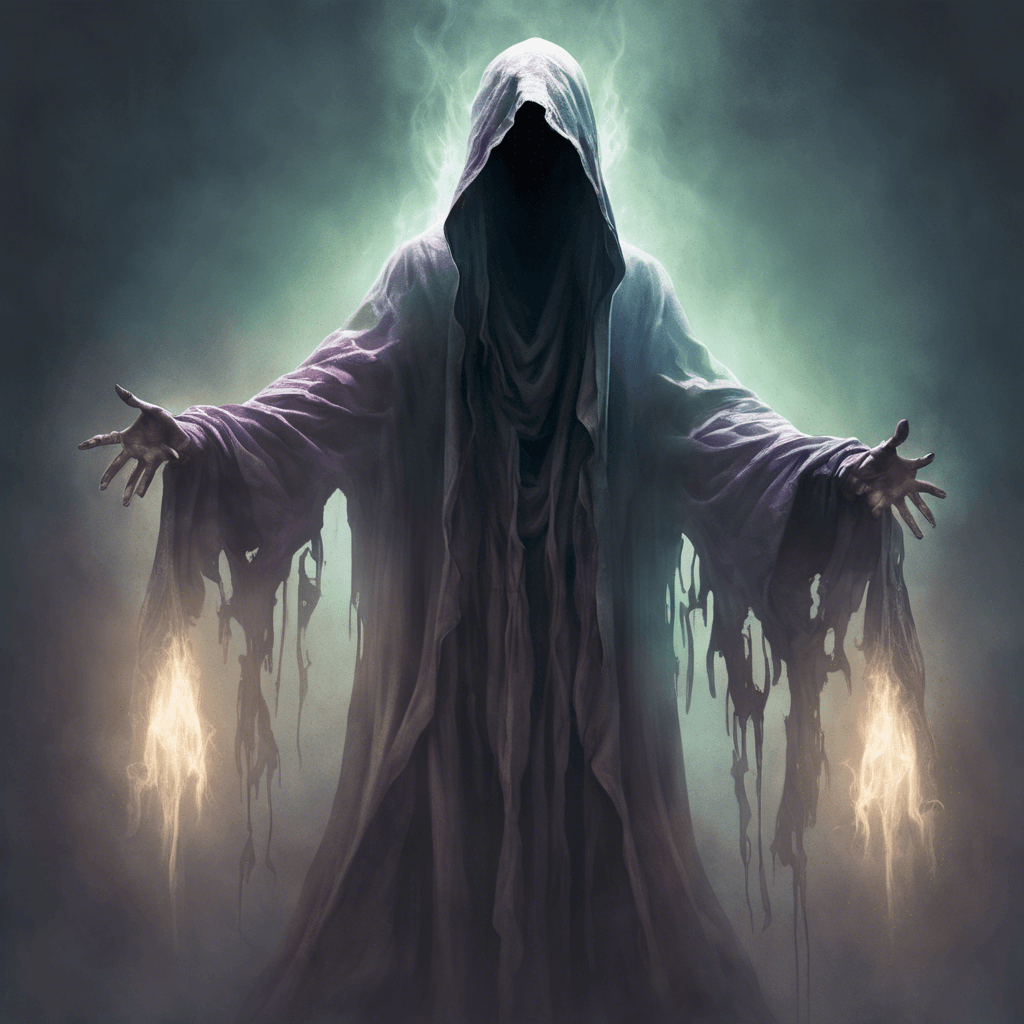 A ghostly apparition, tattered robes hanging from its spectral form, face obscured by the shadow of its hood, hands radiating with eldritch energy.