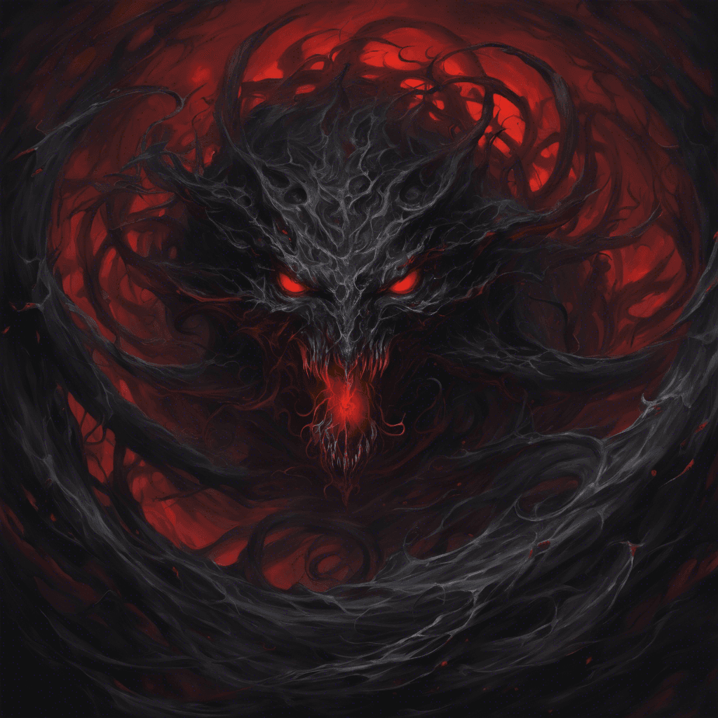 A swirling mass of darkness, with two piercing red eyes that glow with malevolence. Its form is shrouded in shadow, tendrils of dark mist twisting around it.