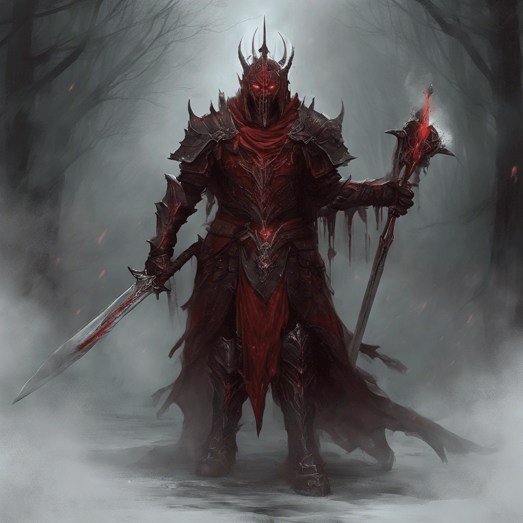 A once noble warrior, now a wight with tarnished red armor shrouded in dark mist, emanating an aura of vengeance.