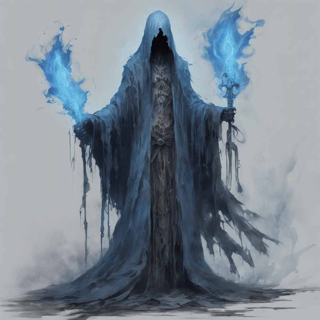 A tall, ghostly figure cloaked in tattered rags, with piercing blue flames instead of eyes and a sword that seems to be made of pure spectral energy.