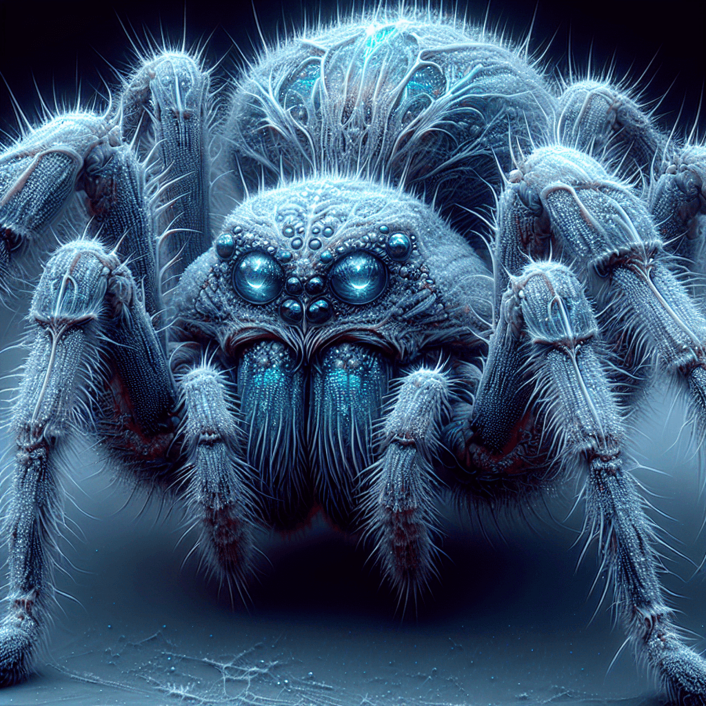 A giant spider with a glistening frost-covered exoskeleton, chilling mandibles, and piercing icy blue eyes that reflect a lust for prey.