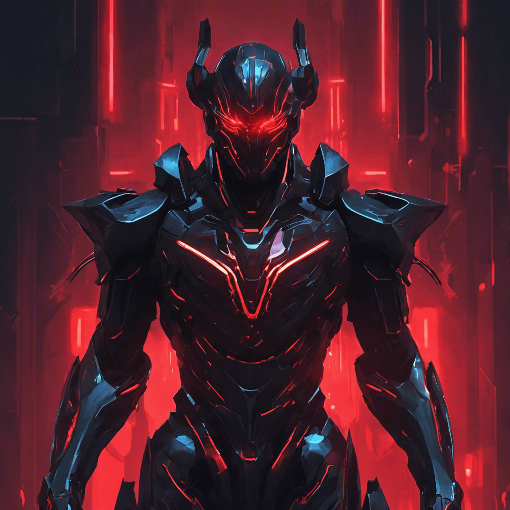 A sleek and menacing figure clad in black cybernetic armor, with glowing neon accents pulsating beneath the surface. Sharp, angular features and glowing red eyes pierce through the darkness, exuding an aura of malevolence.