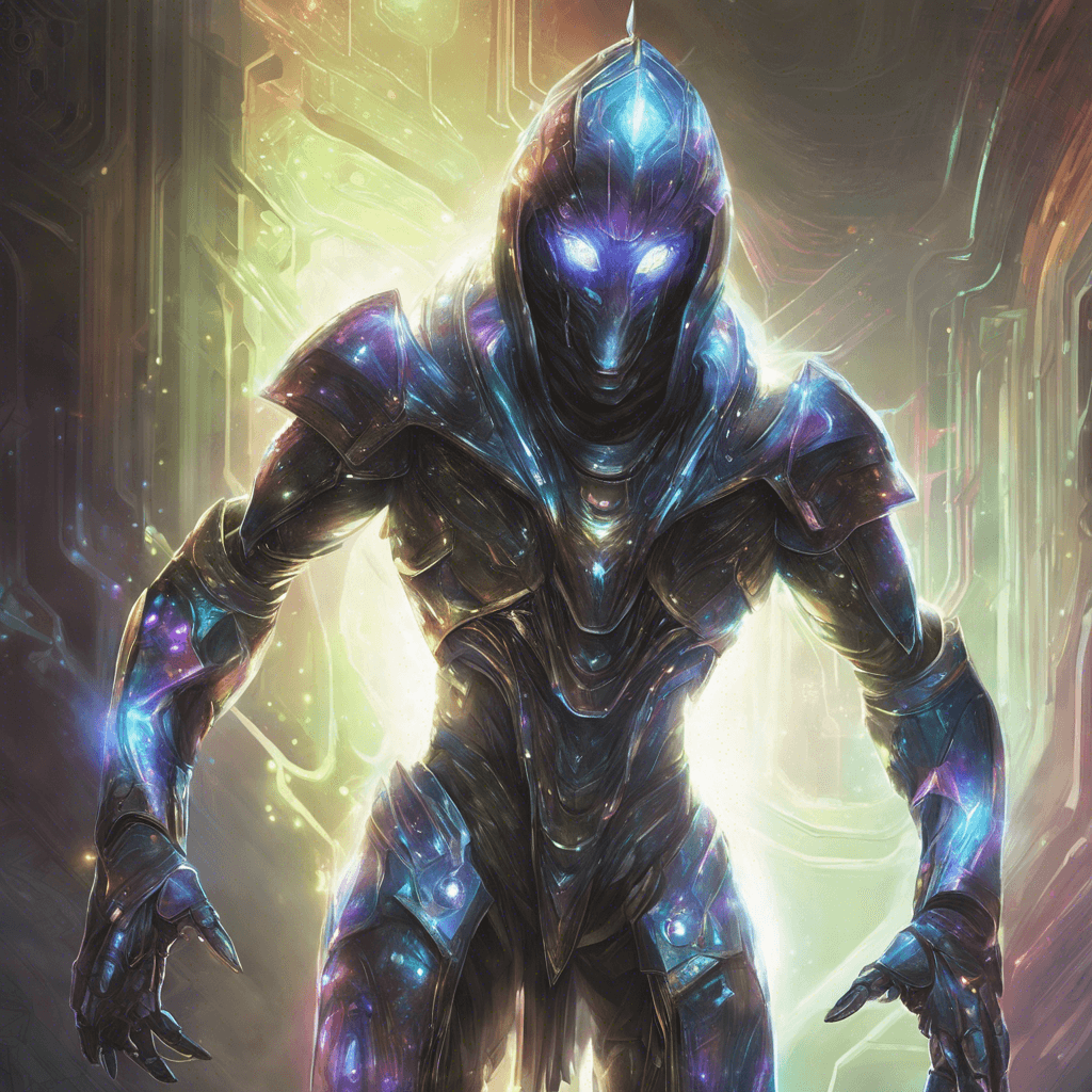 The Spectral Cybernaut is a humanoid figure cloaked in shimmering, translucent armor that constantly shifts in color and texture. Its eyes glow with a menacing, otherworldly light, and its movements are swift and precise as if guided by unseen forces.