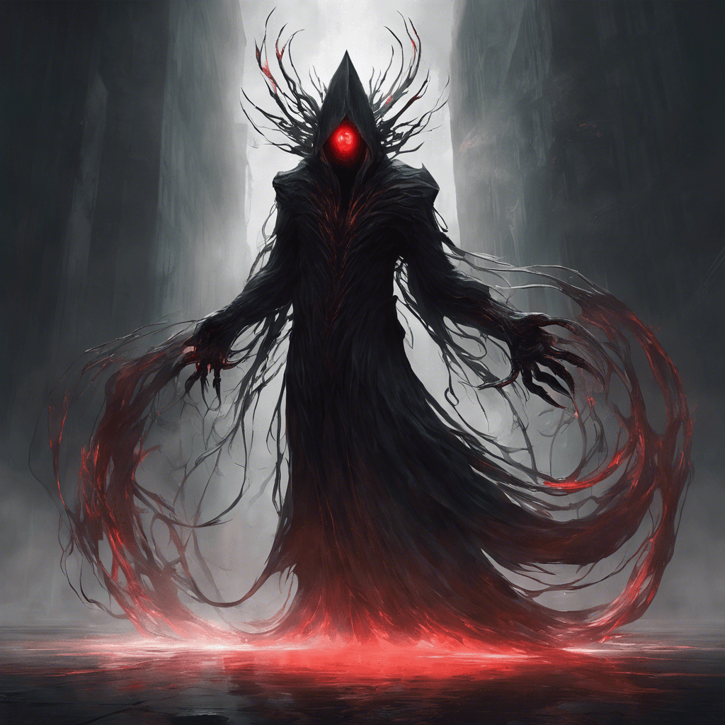 A towering figure cloaked in swirling shadows, with glowing red eyes that pierce the darkness. Its form is both wispy and solid, morphing as it moves. Its claws are like shards of midnight, sharp and ethereal.