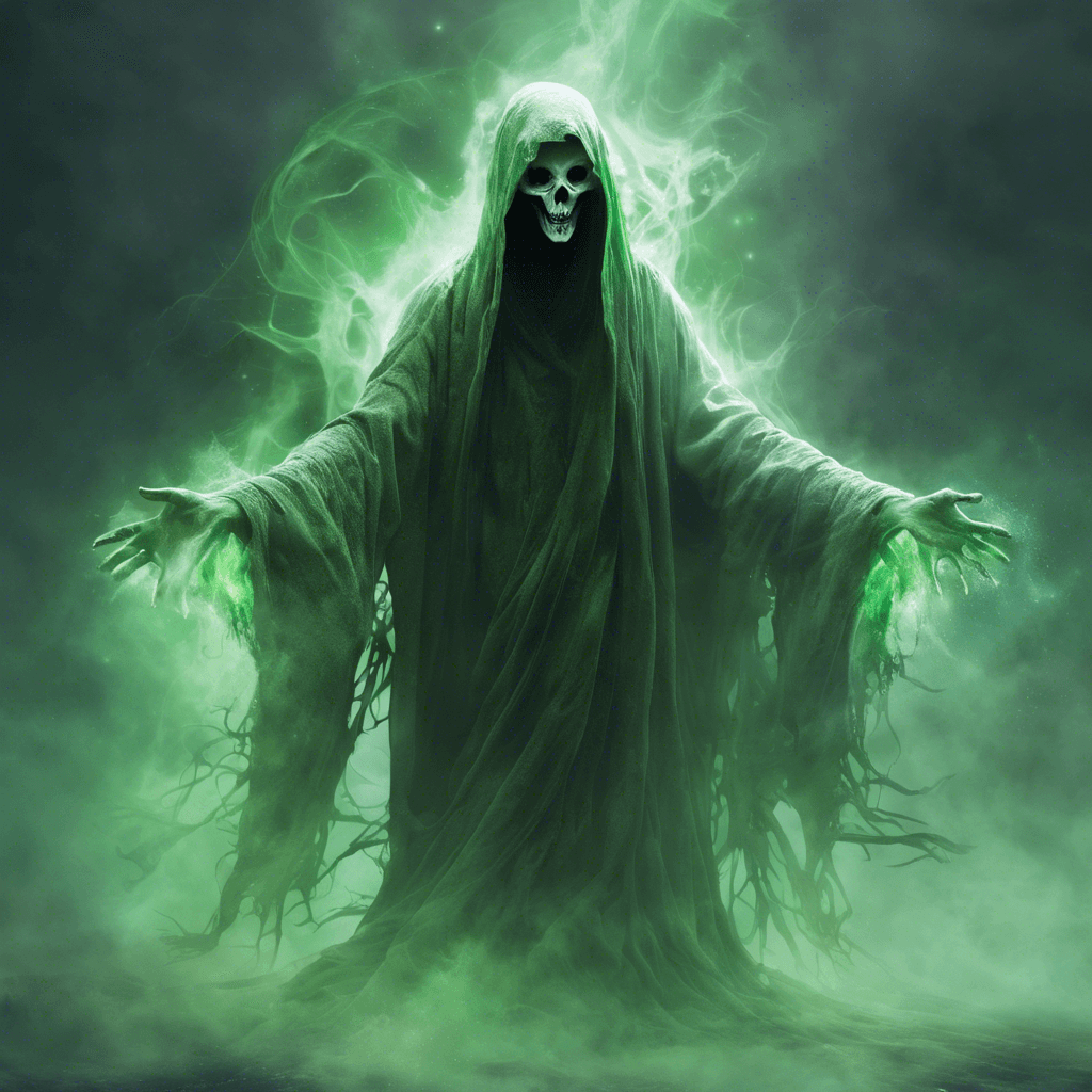 A ghostly figure shrouded in tattered robes, floating above the ground. Its face is a hollow void, and its hands reach out with spectral claws. Mist swirls around its form, and its eyes burn with a baleful green light.