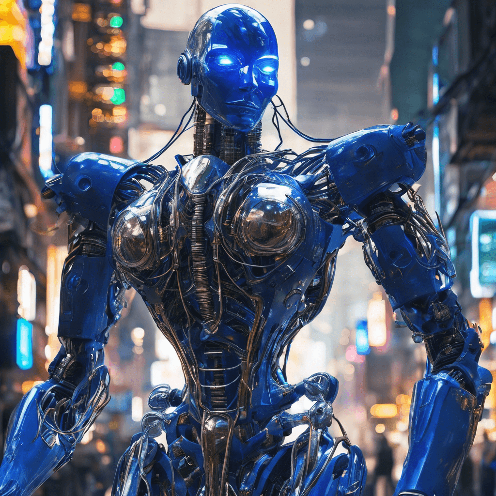 A robotic figure, adorned with shimmering wires and pulsating lights, its once-human features now a metallic mask of scrutiny. Its eyes glow with a haunting sapphire blue, scanning for any signs of dissension in the vast networks of NeoTokyo.