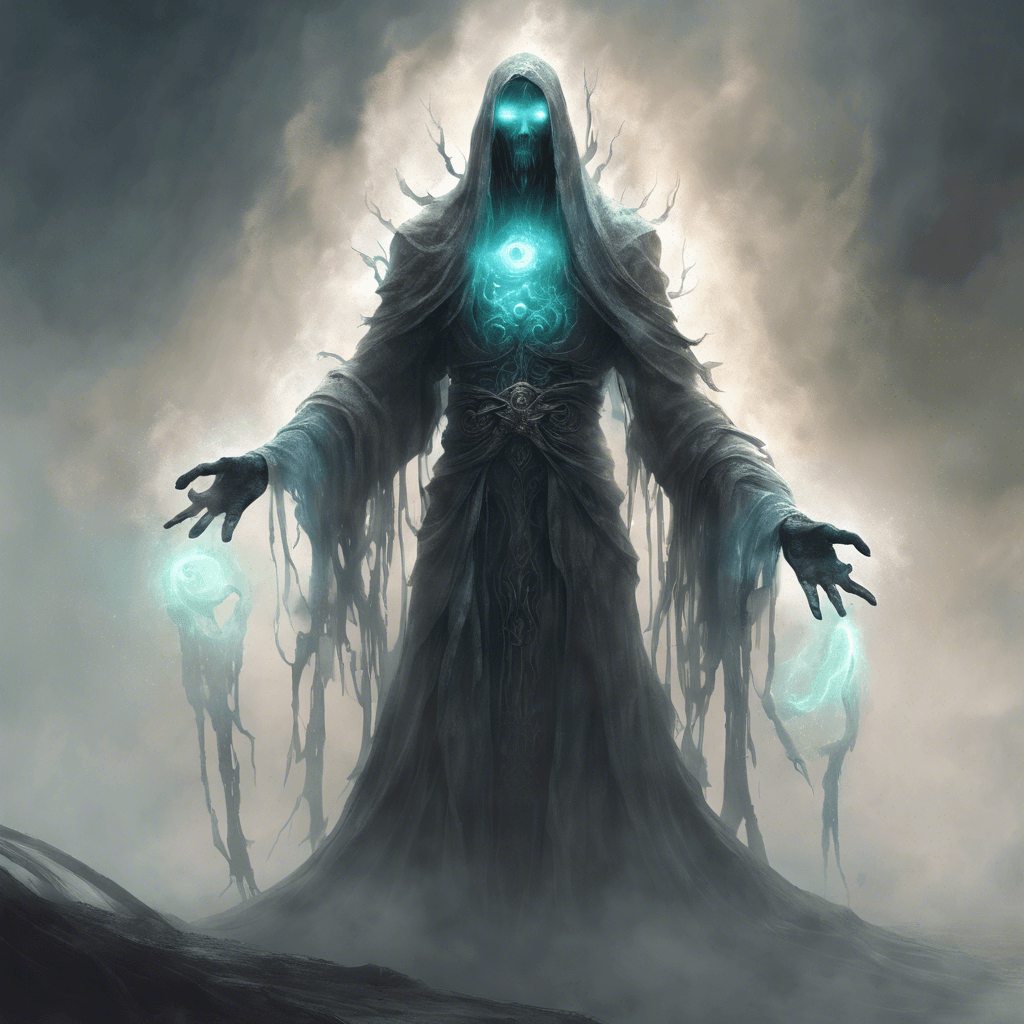 A towering figure clad in tattered robes, the Spectral Sentinel's eyes glow with an otherworldly light. Wisps of fog swirl around its form, and an aura of malice radiates from its spectral presence.