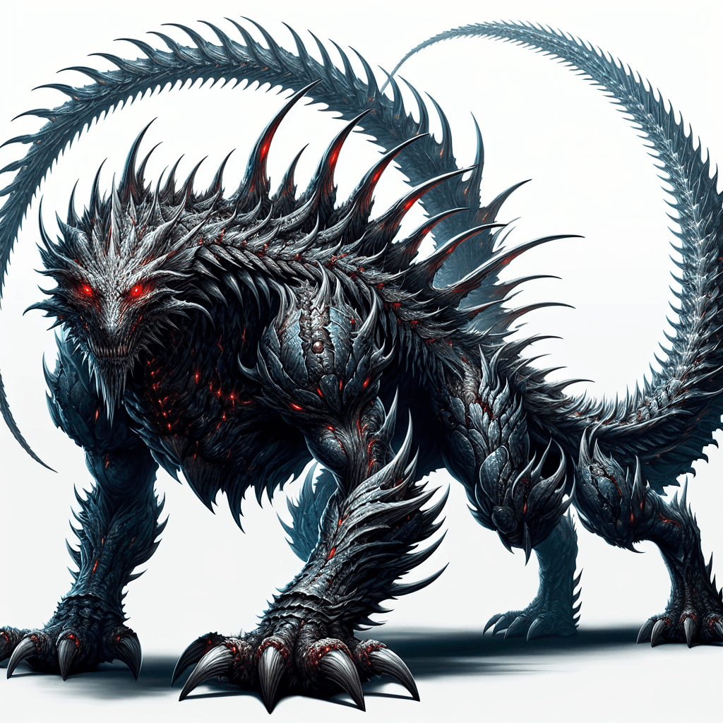 A large quadrupedal beast with shimmering scales covering its muscular frame. Sharp spines trail its back and a pair of malevolent red eyes glare hungrily. It possesses a long, whip-like tail that cracks like thunder.