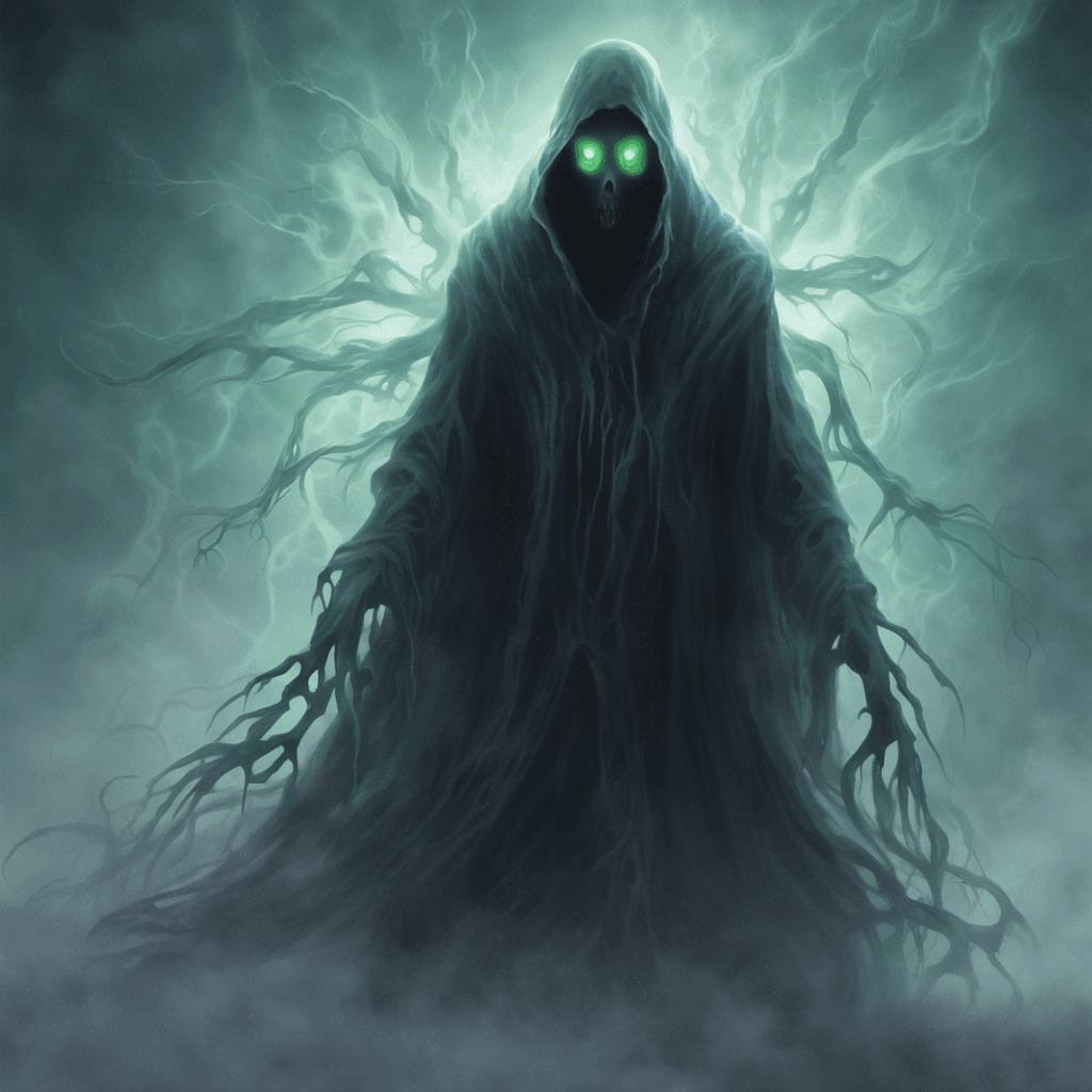 The Eldritch Specter is a ghostly figure shrouded in mist, with glowing eyes that pierce through the fog. Its spectral form seems to shift and shimmer, making it difficult to focus on. The air around it grows icy cold, sending shivers down your spine.