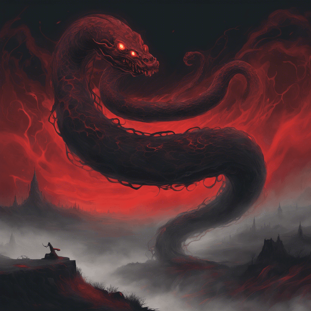 A serpentine shadow with pulsating red eyes and tendrils of dark mist extending from its form, slithering silently across the dream landscape.