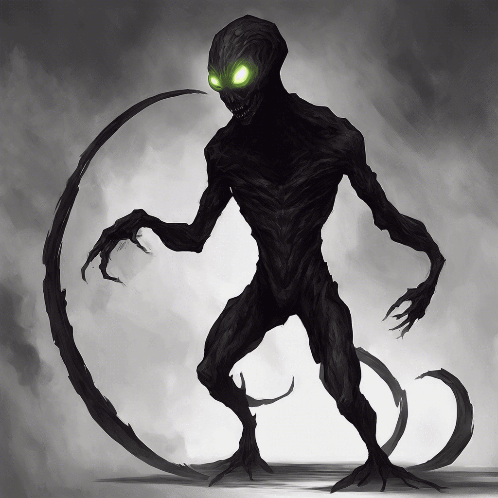 A mysterious being from the darkest corners of space, the Void Dweller is a shadowy figure with glowing eyes that pierce through the darkness. Its body seems to warp and distort reality, making it difficult to focus on its true form.