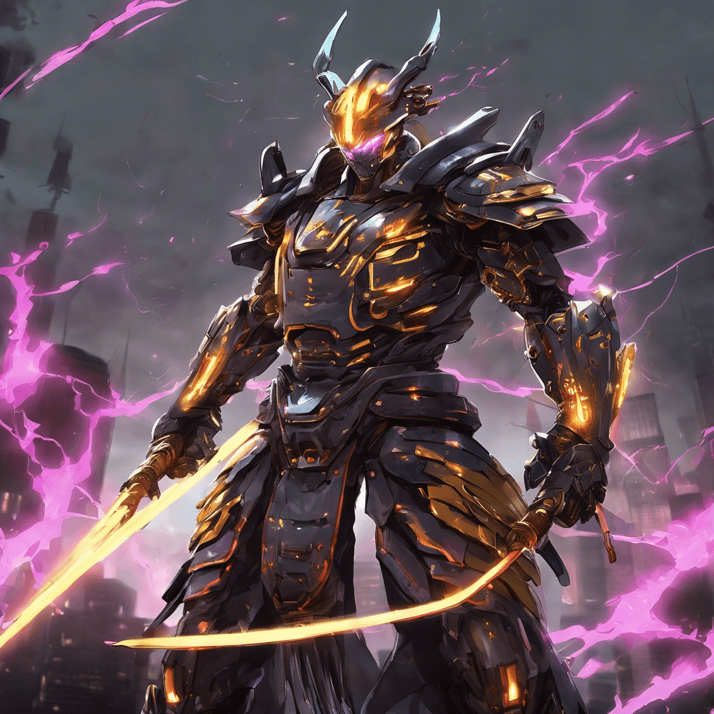 A towering figure clad in cybernetic armor, glowing with corrupted energy. Its body is a fusion of ancient samurai armor and advanced technological enhancements, wielding a pulsing energy katana that crackles with malicious intent.