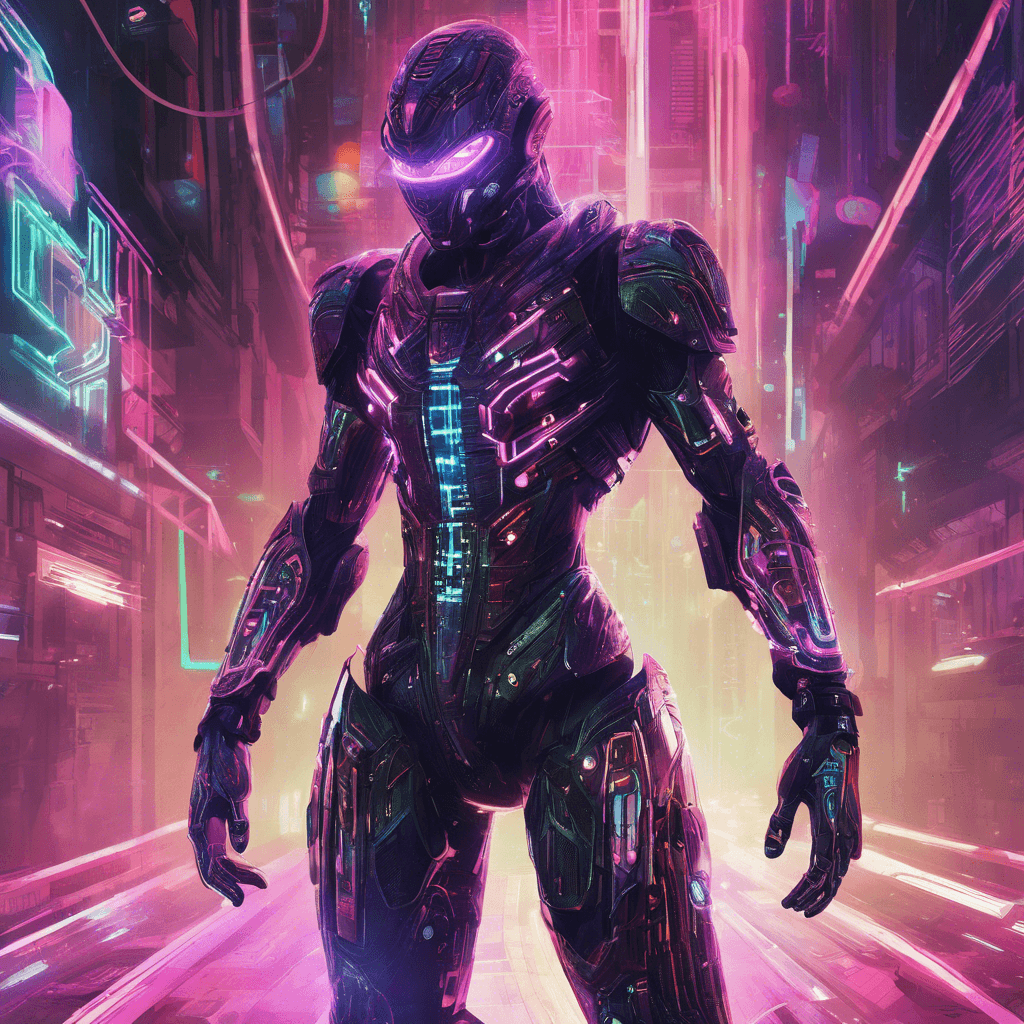 A shimmering figure clad in neon cybernetic armor, with glowing circuits pulsating along its body. Its eyes are eerie, glowing orbs that seem to pierce through the darkness. With each step, it leaves behind a trail of digital static, blending seamlessly with the shadows of the cyber punk world.