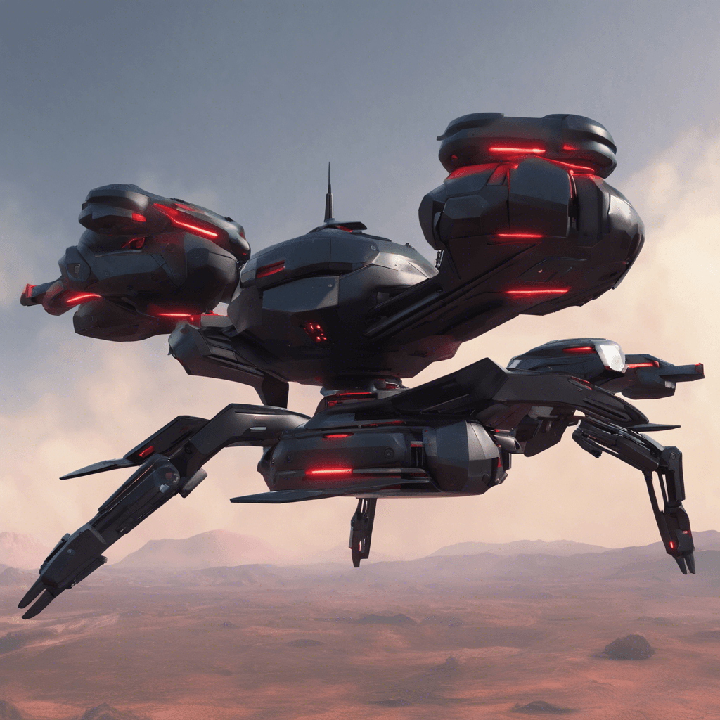 A sleek, floating combat drone made of a glittering, black metal alloy, with red scanning sensors that sweep the area. It is armed with an underbelly turret capable of rapid-fire plasma shots and several small yet sharp manipulator arms.