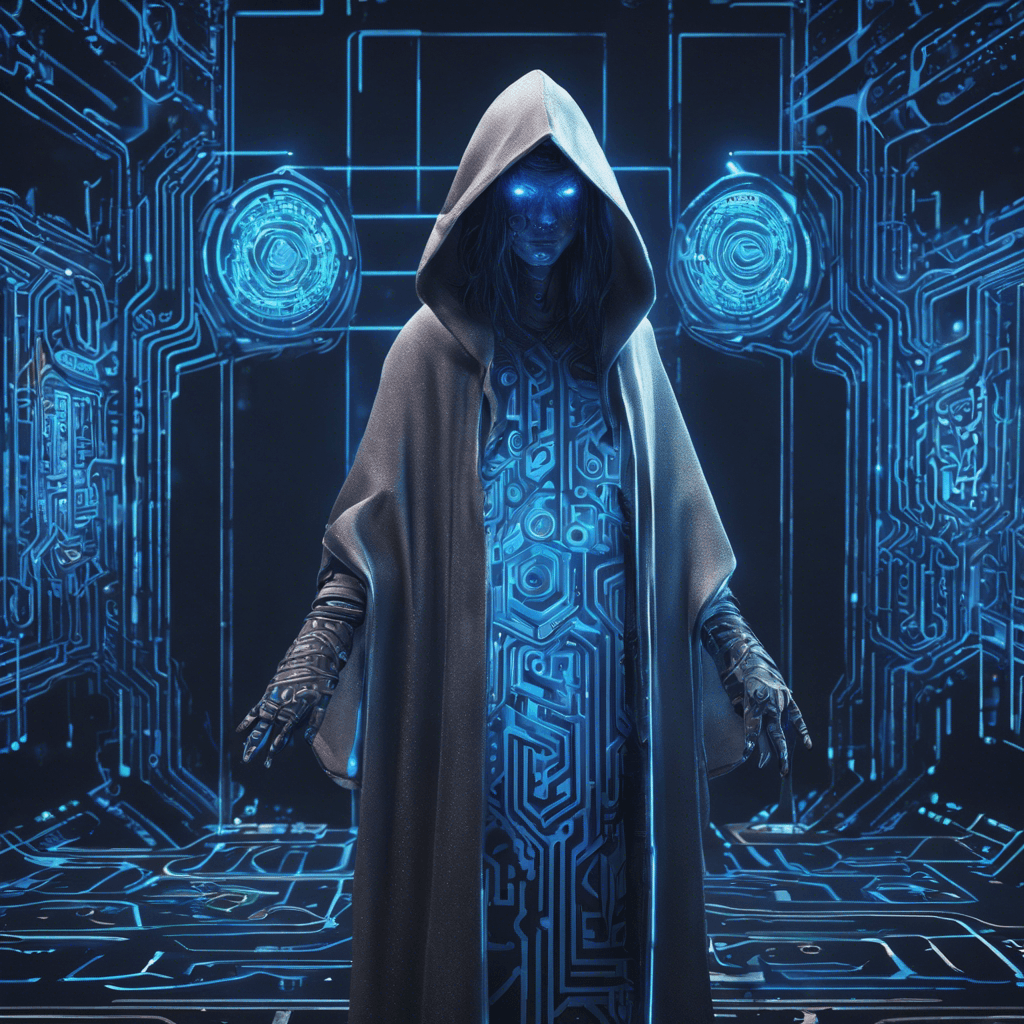 A lithe figure shrouded in a cloak of shifting digital patterns, with eyes glowing a piercing blue through the shadow of a hood. They carry a cyberdeck bristling with ports and illuminated with neon runes, fingers poised to dance across its holographic keys.