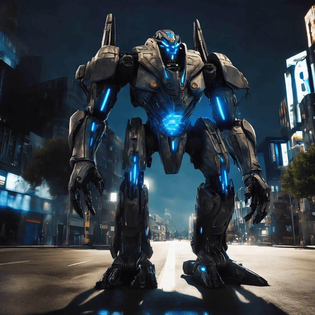 The Orakine Sentinel is a large robotic guardian, standing at 10 feet tall with a sleek metallic body covered in glowing blue runes. Its eyes glow fiercely as it scans the area for intruders, its heavy weaponry primed and ready to defend the city of Orakine.