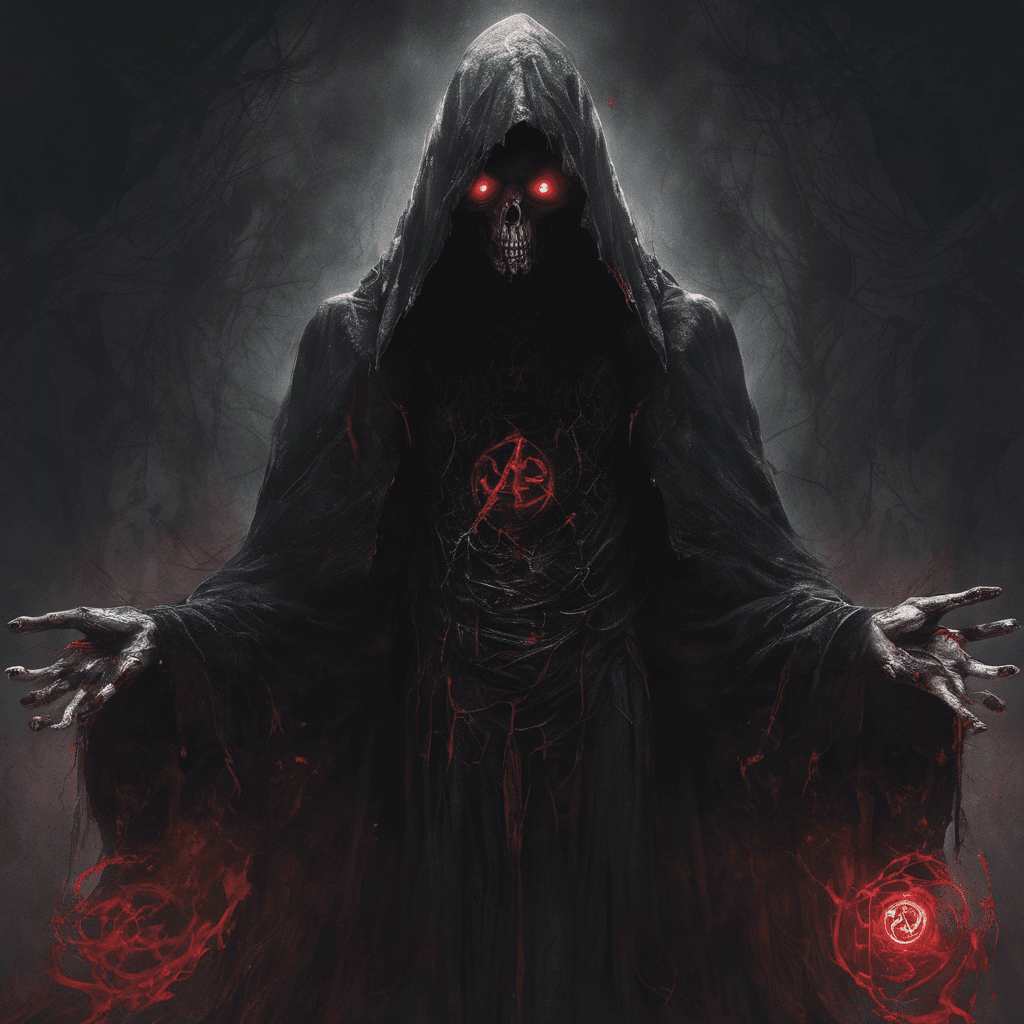 A sinister figure draped in tattered black robes, skin pale as death with piercing red eyes that glow with malevolent intent. Dark arcane symbols are etched into the skin of his hands, which shimmer with fell energy.